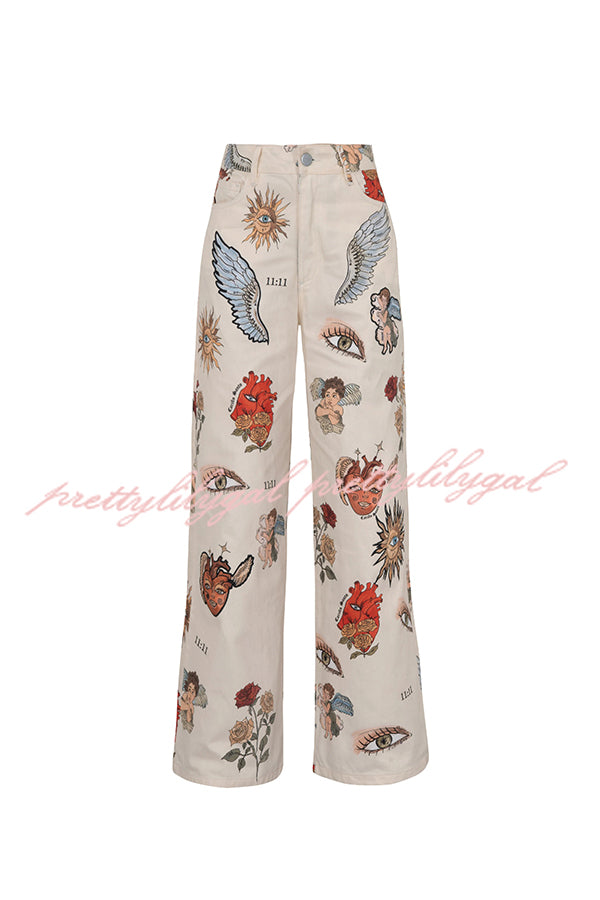 Angel Wings Denim Unique Print Mid Rise Pocket Loose Pants