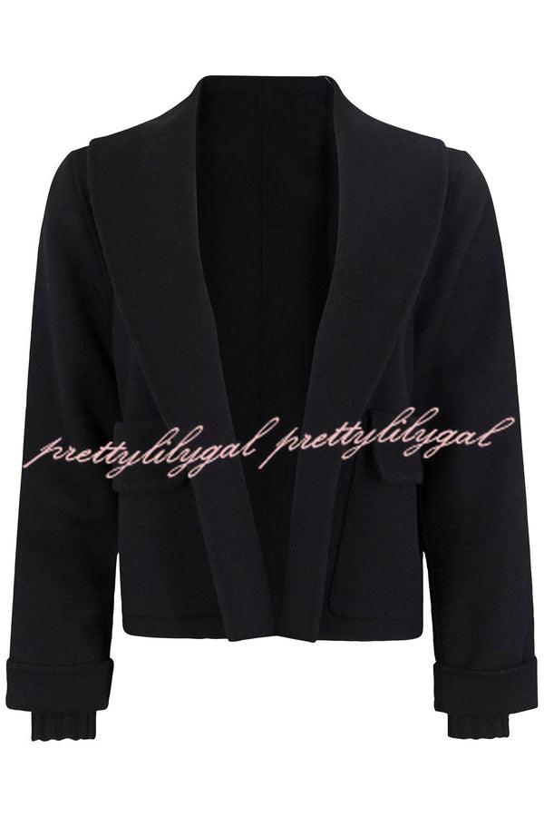 Comfortable Season Shawl Collar Open-front Long Sleeve Flap Pockets Crop Coat