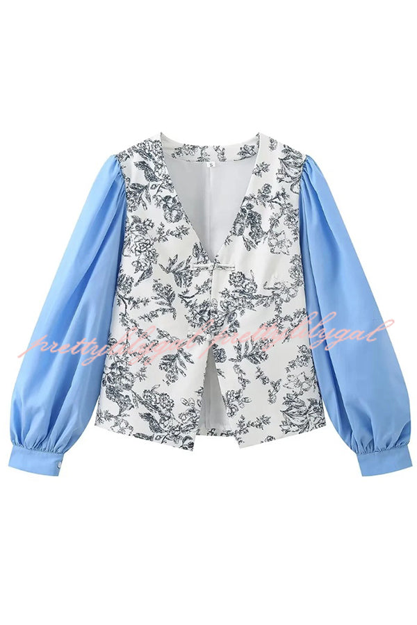 Botanical Print V-neck Patchwork Long-sleeved Top