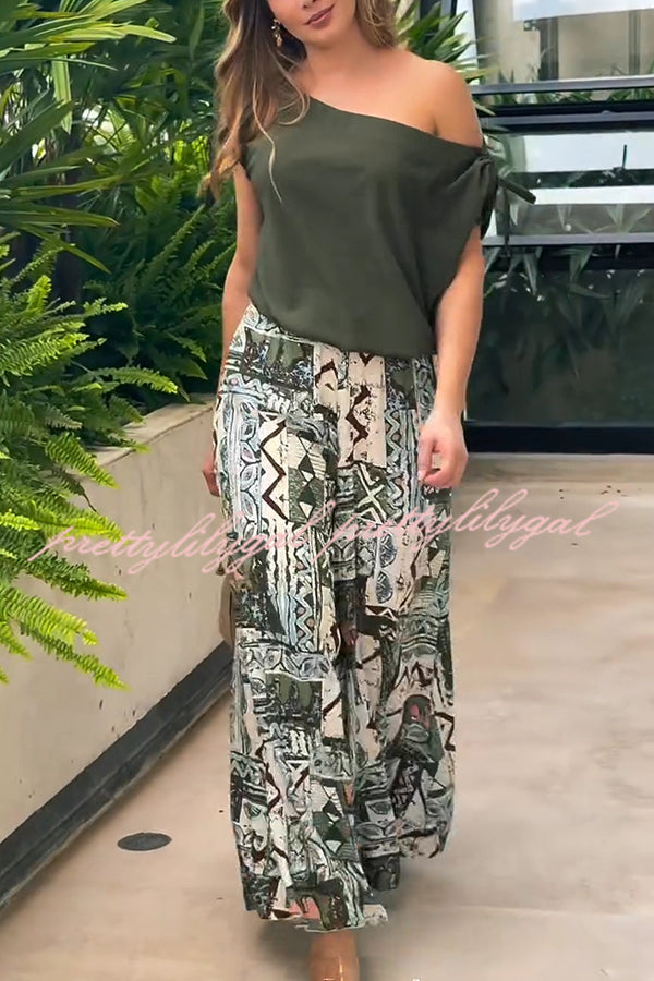 Terrace View Off Shoulder Tie Loose Top and Elastic Waist Unique Print Loose Pants Set