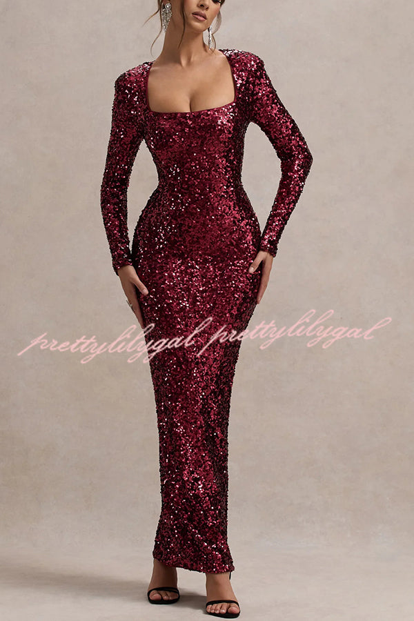 My Dream Sequin Square Neck Long Sleeves Slit Maxi Dress