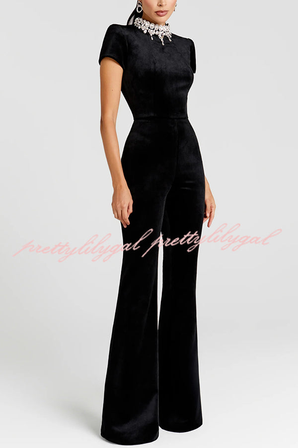 Lucia Luxurious Velvet Jewel-encrusted Turtleneck Short Sleeve Flare Stretch Jumpsuit