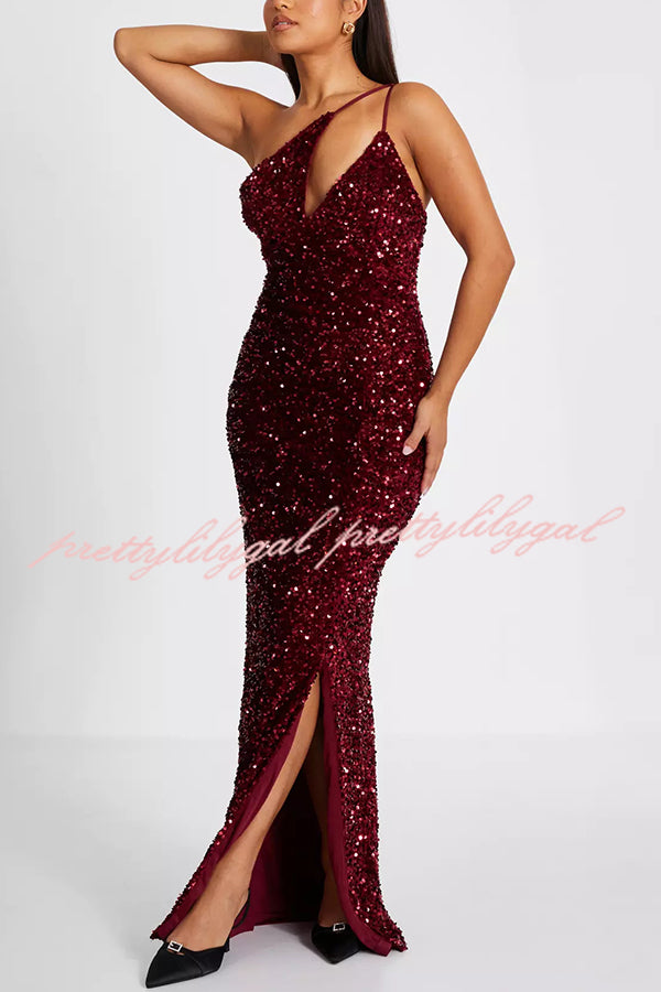 Glam Day Velvet Sequin One Shoulder Cutout Detail Slit Stretch Maxi Dress