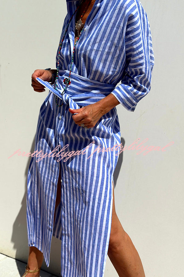 Summer Splendor Printed Button Half Sleeve Belt Loose Shirt Midi Dress