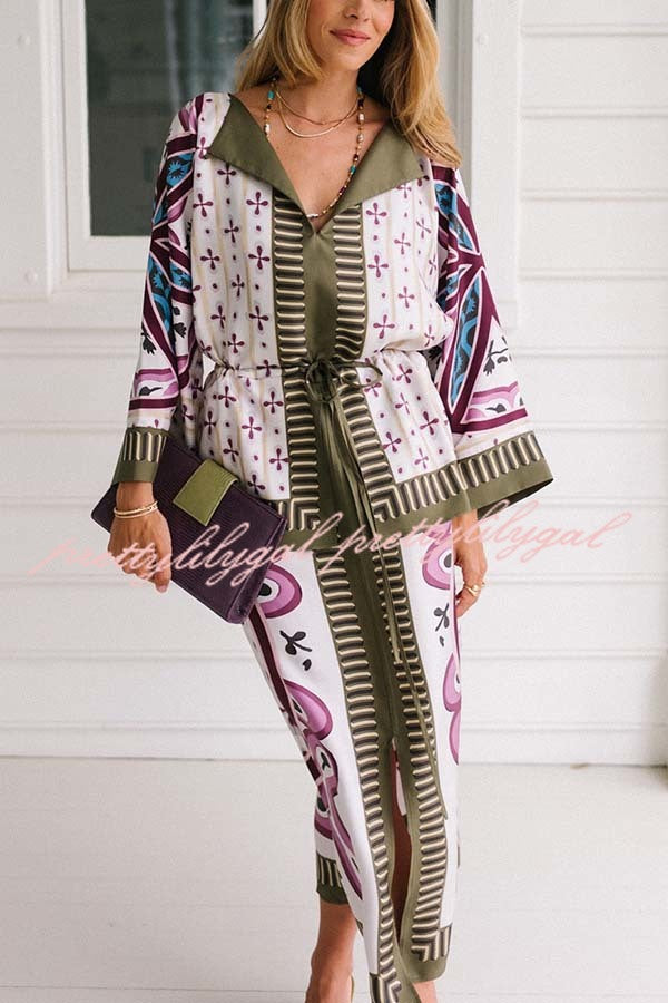 Texture and Elegance Satin Unique Print Bell Sleeve Drawstring Waist Slit Midi Dress