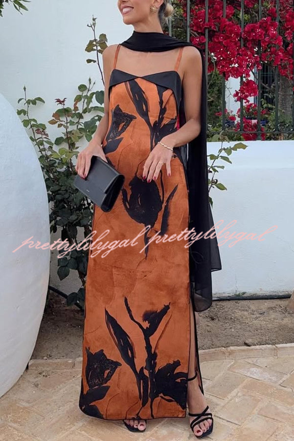 Elegant Satin Flowers Print Black Piping Detail Slit Scarf Maxi Dress