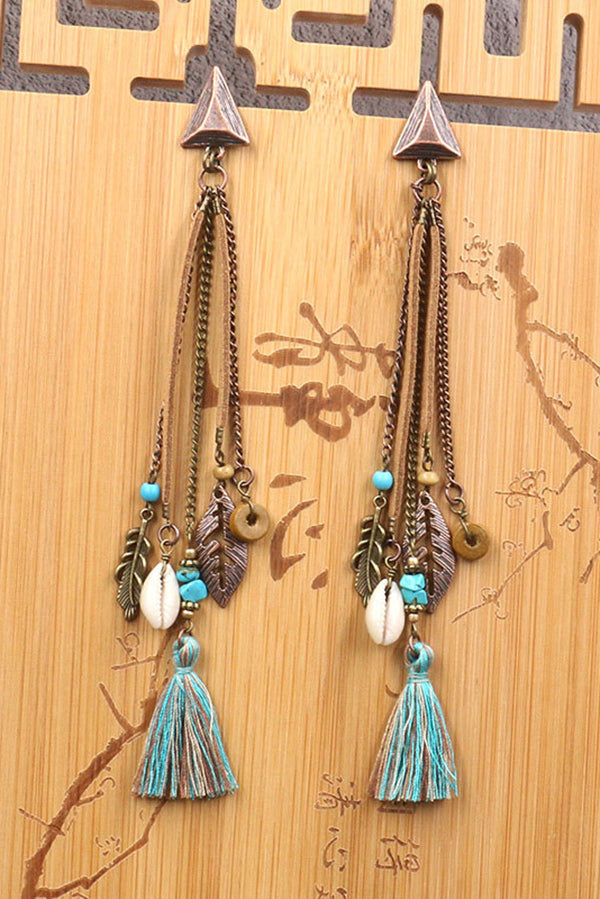 Retro Long Tassel Shell Leaf Earrings