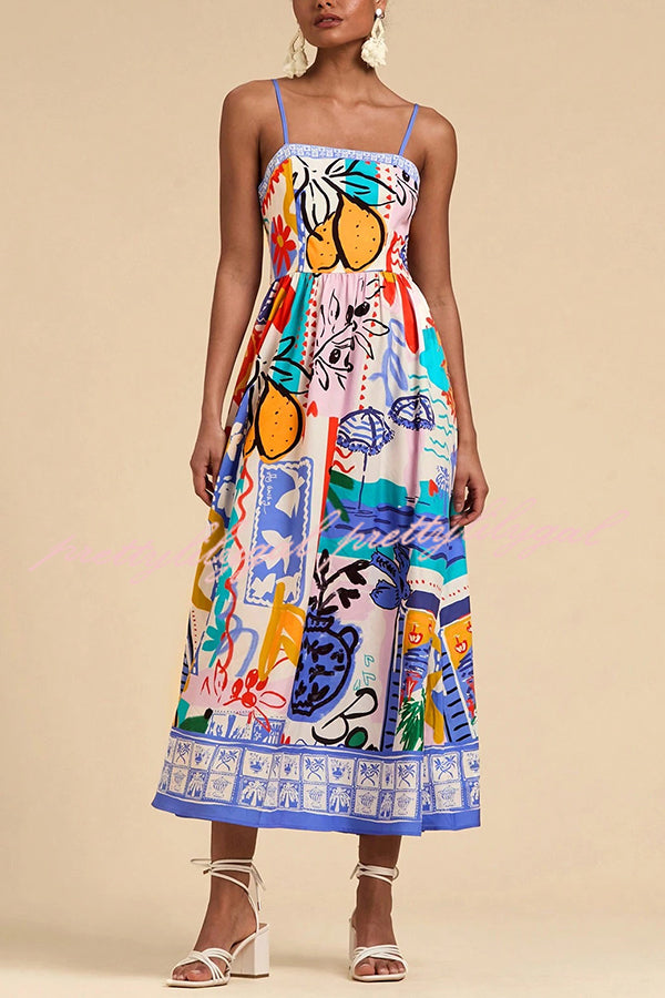 Unique Printed Sling Back Pleated Holiday Midi Dress