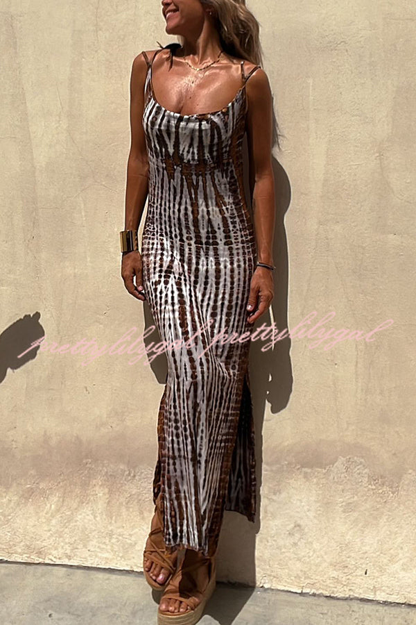 An Inspiration Tie-dye Print Double Shoulder Strap Stretch Maxi Dress