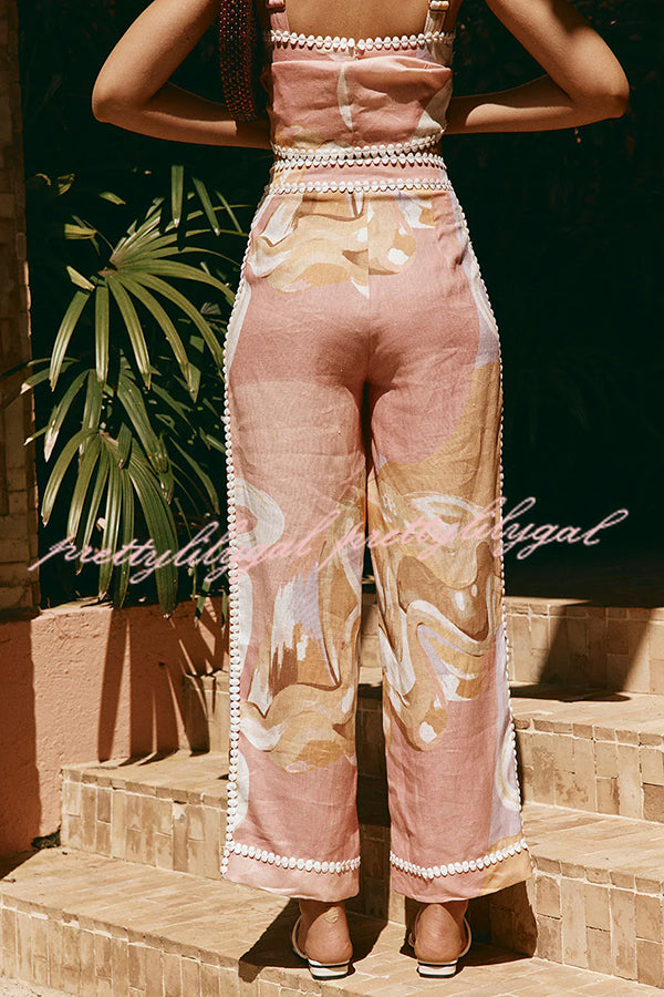 European Summer Linen Blend Ric Rac Trims High Rise Pocket Loose Pants