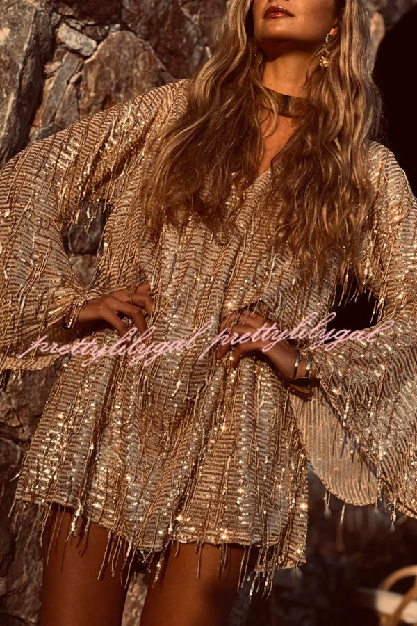 Flowing Shimmer Sequin Tassel Fabric Bell Sleeve Back Tie-up Loose Mini Dress