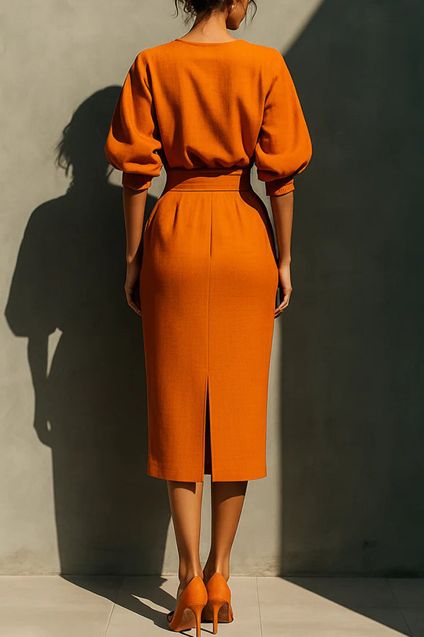 Elegant Puff Sleeve High-waisted Pocket Casual Midi Dress