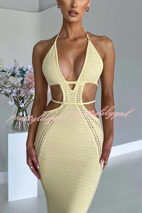 Effortlessly Cool and Sexy Knit Crochet Cutout Halter Tie-up Stretch Maxi Dress