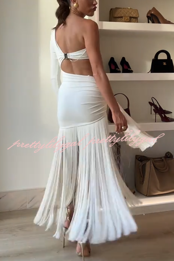 Amazing Type One Shoulder Cutout Drape Tassle Trim Stretch Maxi Dress