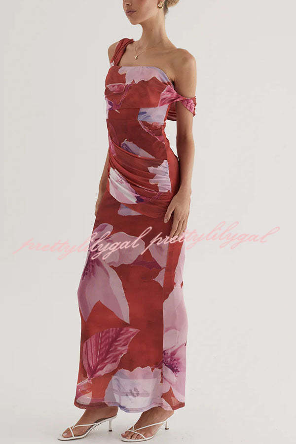 Drama Elegance Mesh Floral One Shoulder Ruched Stretch Maxi Dress