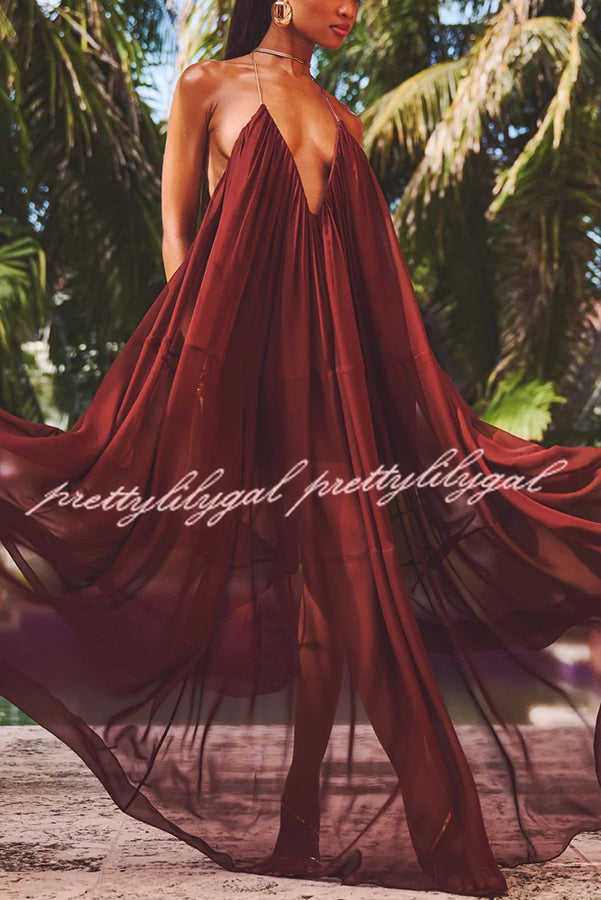 Flowing Lightweight Chiffon Chain Halter Neck Detail Backless A-line Maxi Dress