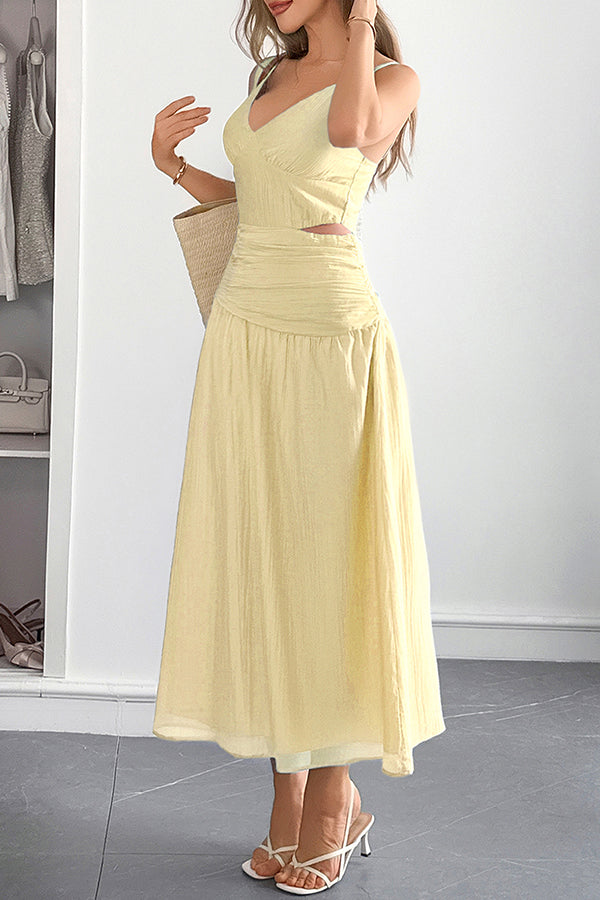 Solid Color V-neck Sleeveless Waist Hollow Out Maxi Dress