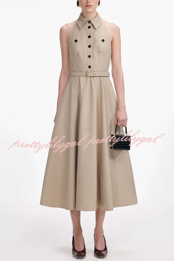 Charmed To Meet You Button Up Belted Pocket Halter Shirt Flare Midi Dress