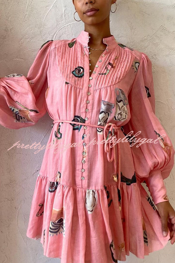 Unique Print Single Breasted Balloon Sleeve Tie Waist Ruffled Mini Dress