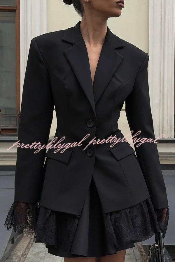 Solid Color Lace Panel Long Sleeve Button Elegant Blazer
