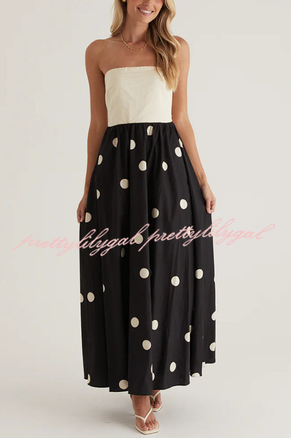 Fashion Polka Dot Print Tube Top Spliced Maxi Dress