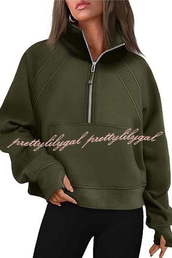 Stylish Patchwork Stand Collar Zippered Loose Pocket Sweatshirt