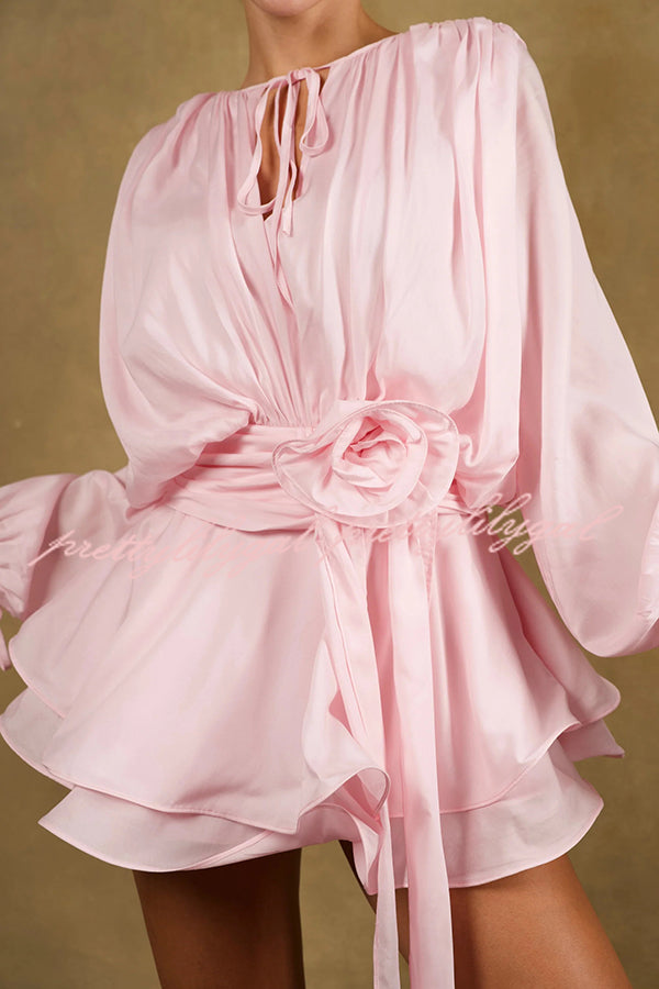 Solid Color Long Sleeve V-Neck Lace-Up Elegant Flower Decorated Mini Dress