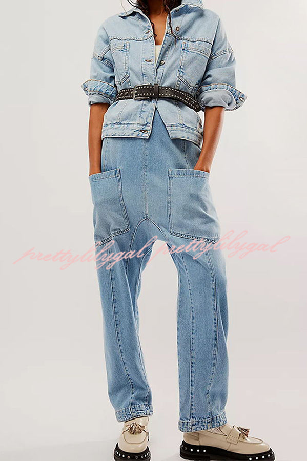 Pocket V Neck Suspender Denim Jumpsuit