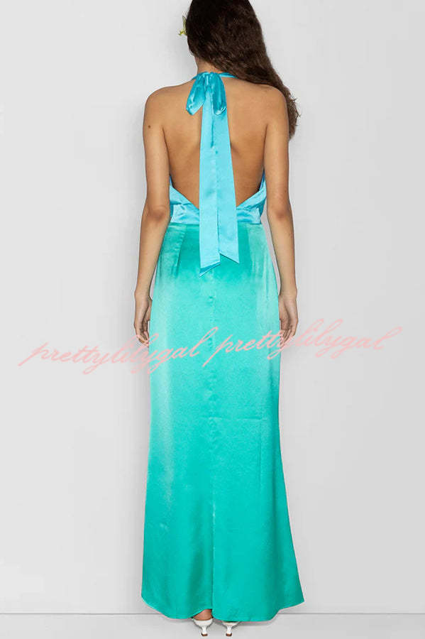 Like A Gem Satin Colorblock Halter Backless Party Maxi Dress