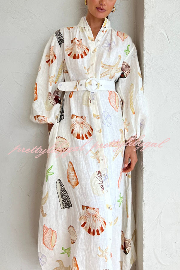 Swinton Marine Element Print  Pocket Balloon Sleeve Belted Maxi Dress