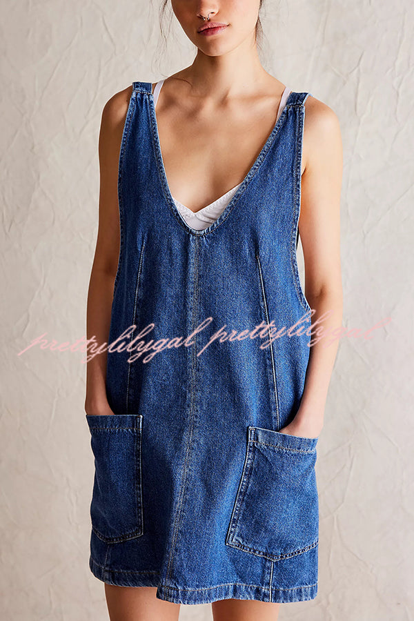 Solid Color Sleeveless V-neck Pocket Adjustable Denim Suspender Mini Dress