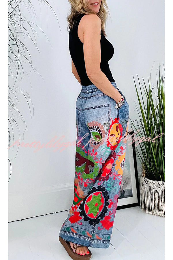 Hippie Style Unique Floral Denim Print Elastic Waist Pocketed Wide Leg Pants