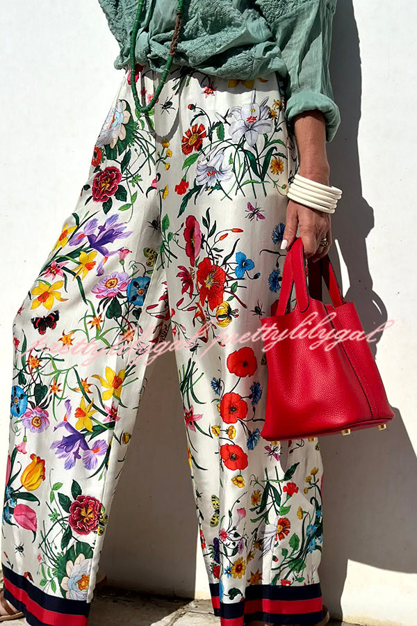 Fabulous Fiesta Satin Floral Unique Print Elastic Waist Pocketed Wide Leg Pants