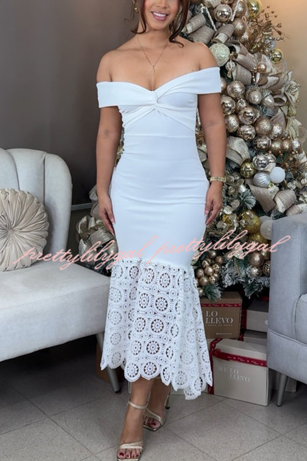 Jilliane Twist Off Shoulder Crochet Lace Fishtail Stretch Midi Dress