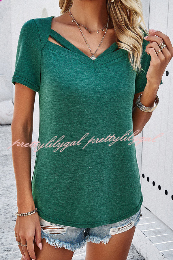 Casual Solid Color Short Sleeved V Neck Hollow T-Shirt