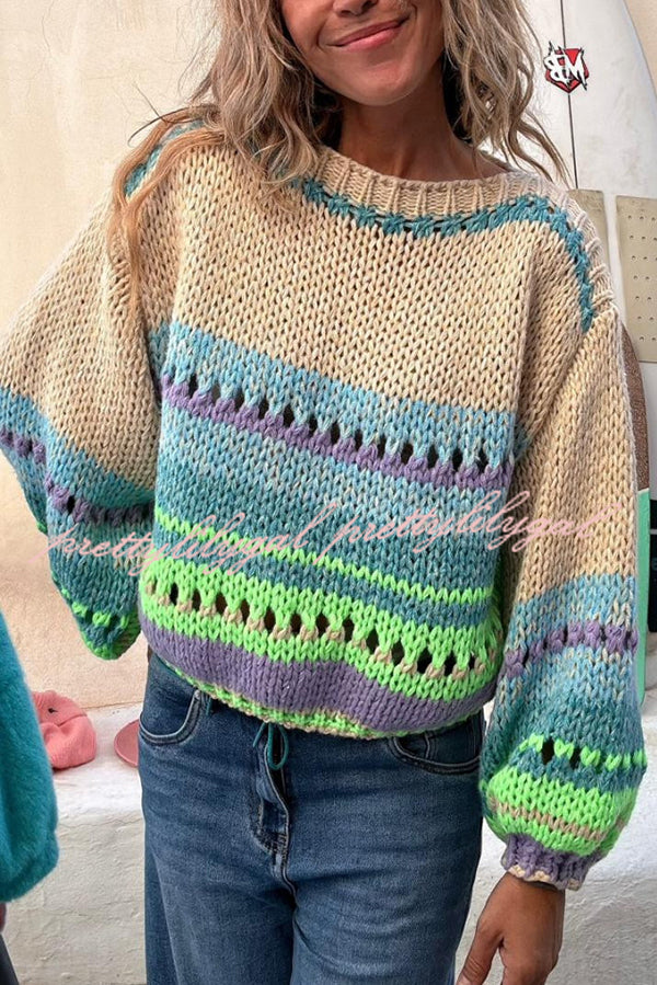 Rainbow Mood Multicolor Round Neck Hollow Long Sleeve Knitted Sweater