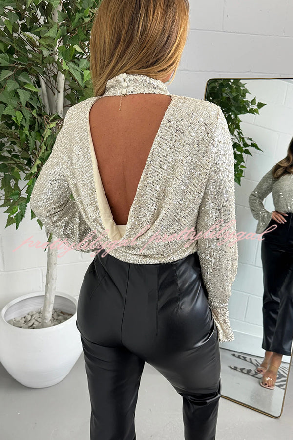 Caity Sequin Bell Sleeve Drape Cowl Back Turtle Neck Blouse