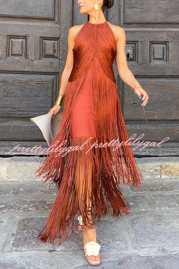 Fashion Sleeveless Halter Neck Elegant Tassel Slim Maxi Dress