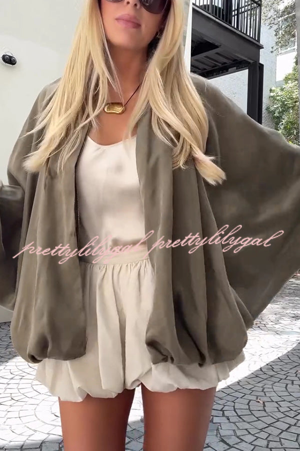 Fashion Lapel Loose Puff Long Sleeve Casual Zipper Jacket