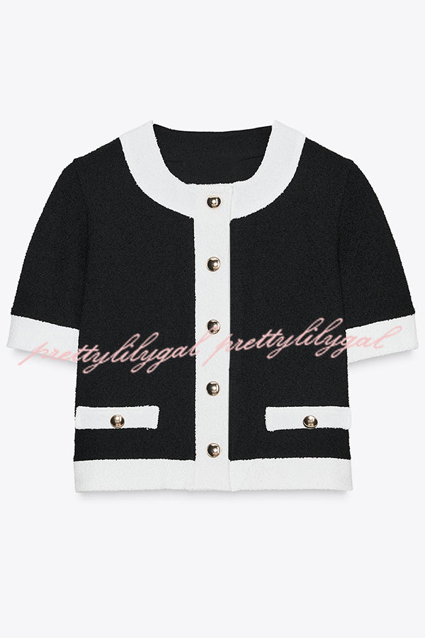 Fashionable Contrast Color Short-sleeved Button-down Top