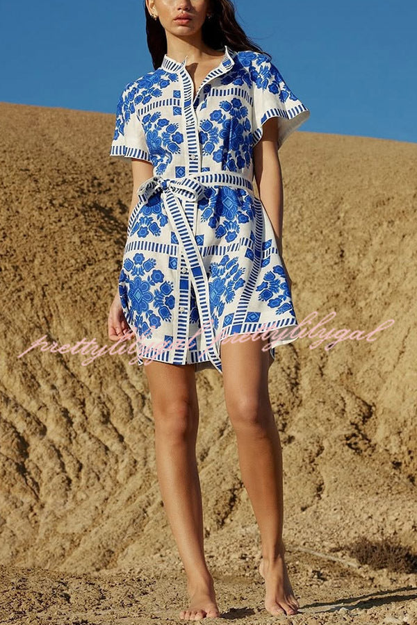 Unique Print Short Sleeve Button Tie Waist Mini Dress