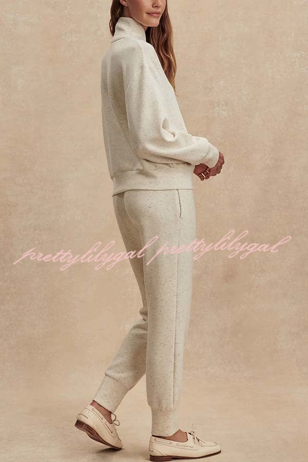 Ivory Marl Fleck Half-Zip Neck Long Sleeve Sweatshirt and Elastic Waist Pocket Jogger Set