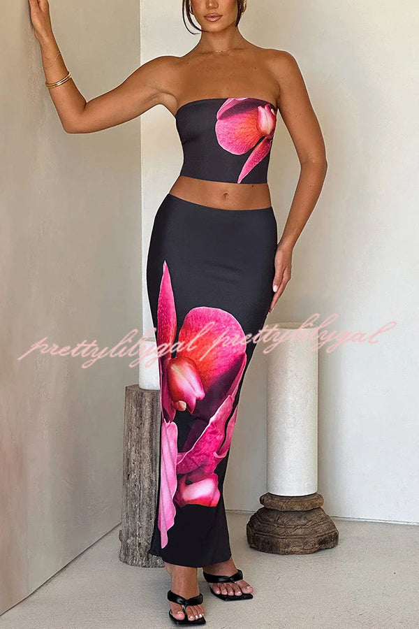 Allegra Abstract Floral Print Stretch Strapless Tank and Elastic Waist Maxi Skirt Set