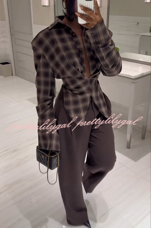 Vintage Plaid Shoulder Pad Buttons Long Sleeve Angled Hem Shirt