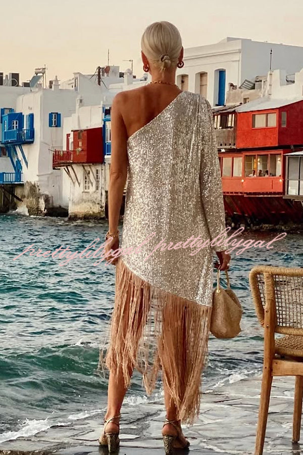 Anika Sequin One Shoulder Sleeve Tassel Hem H-line Midi Dress
