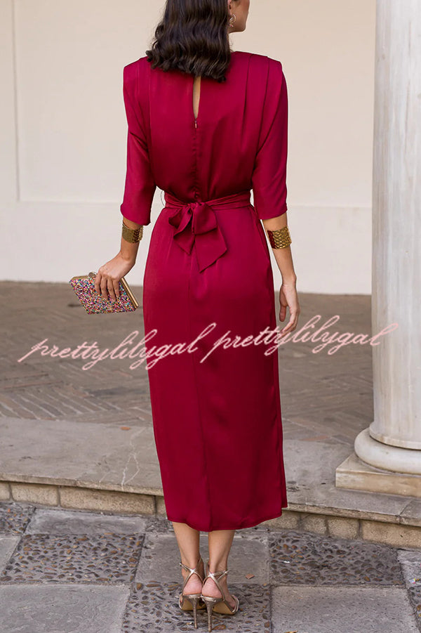 Satin Solid Color Round Neck Half Sleeve Waist Midi Dress