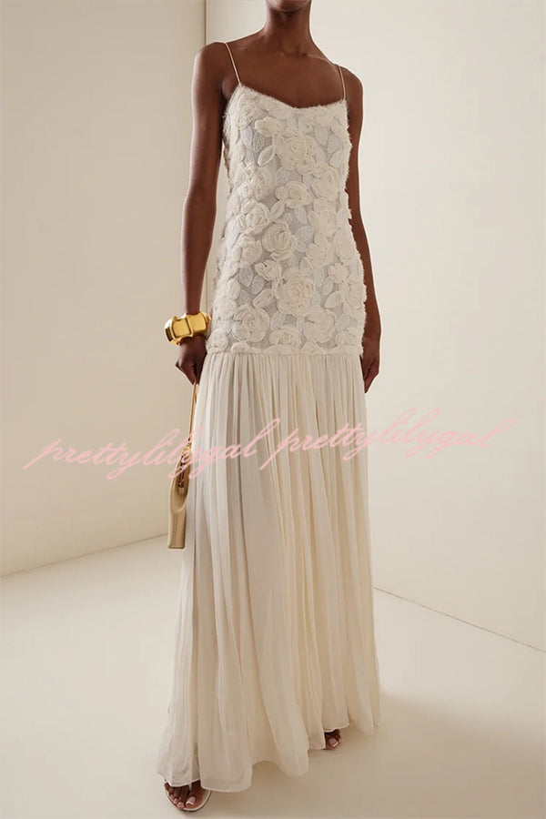 Indulge in Floral Applique Pleated Chiffon Hem Slip Maxi Dress