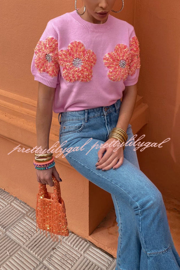 Contrast Color Floral Crew Neck Short Sleeved Sweaters