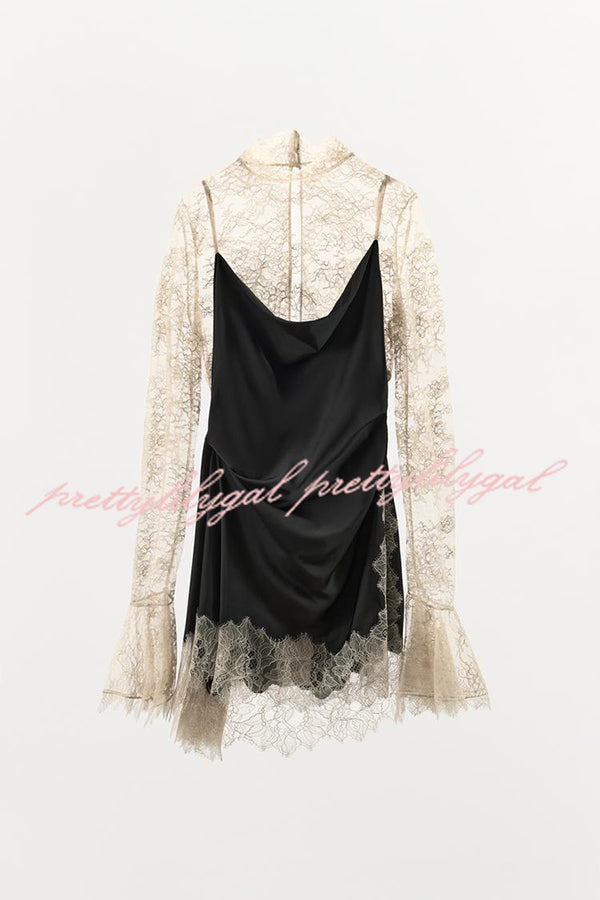 Gothic Romantic Lace Satin Patchwork High Neck Bell Sleeve Loose Mini Dress