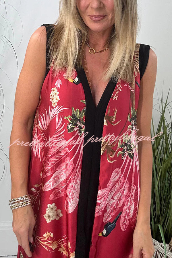 Vanna Unique Tropical Print Black Patchwork Detail A-line Maxi Dress